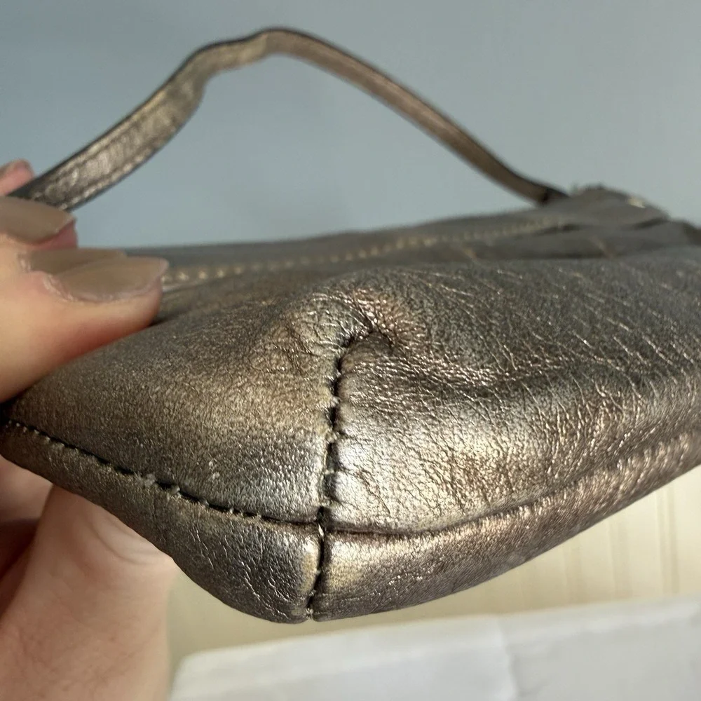 COACH KRISTIN Soft Pebbled Leather Silver Metallic Wristlet Top Handle Mini Bag